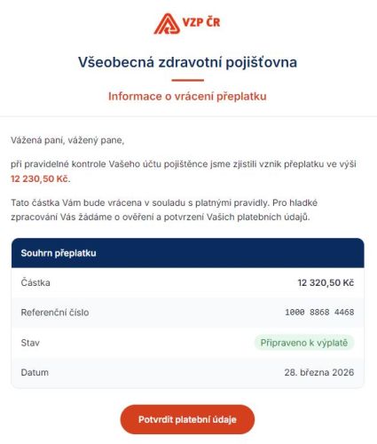 VZP vrácení přeplatku, akce vyžadována