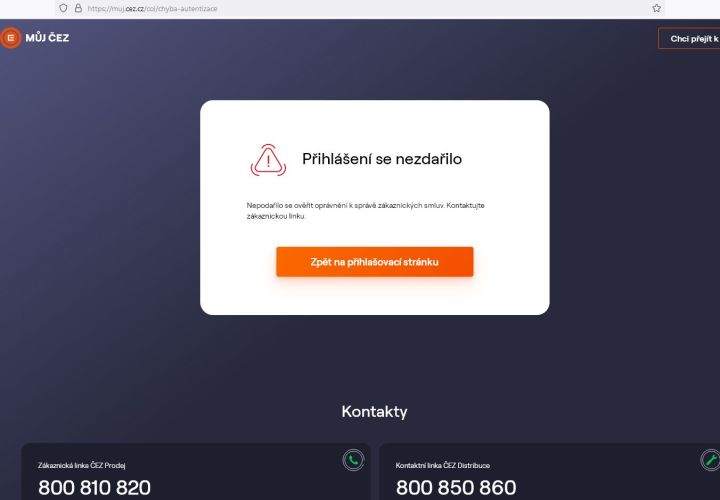 Nelze přihlásit do Můj ČEZ - použity dva odkazy